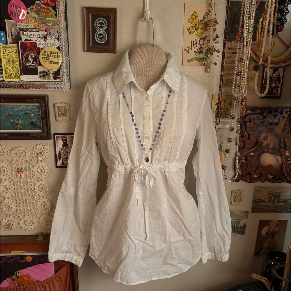 Y2K Button Down Babydoll Shirt Blouse Women's Large White